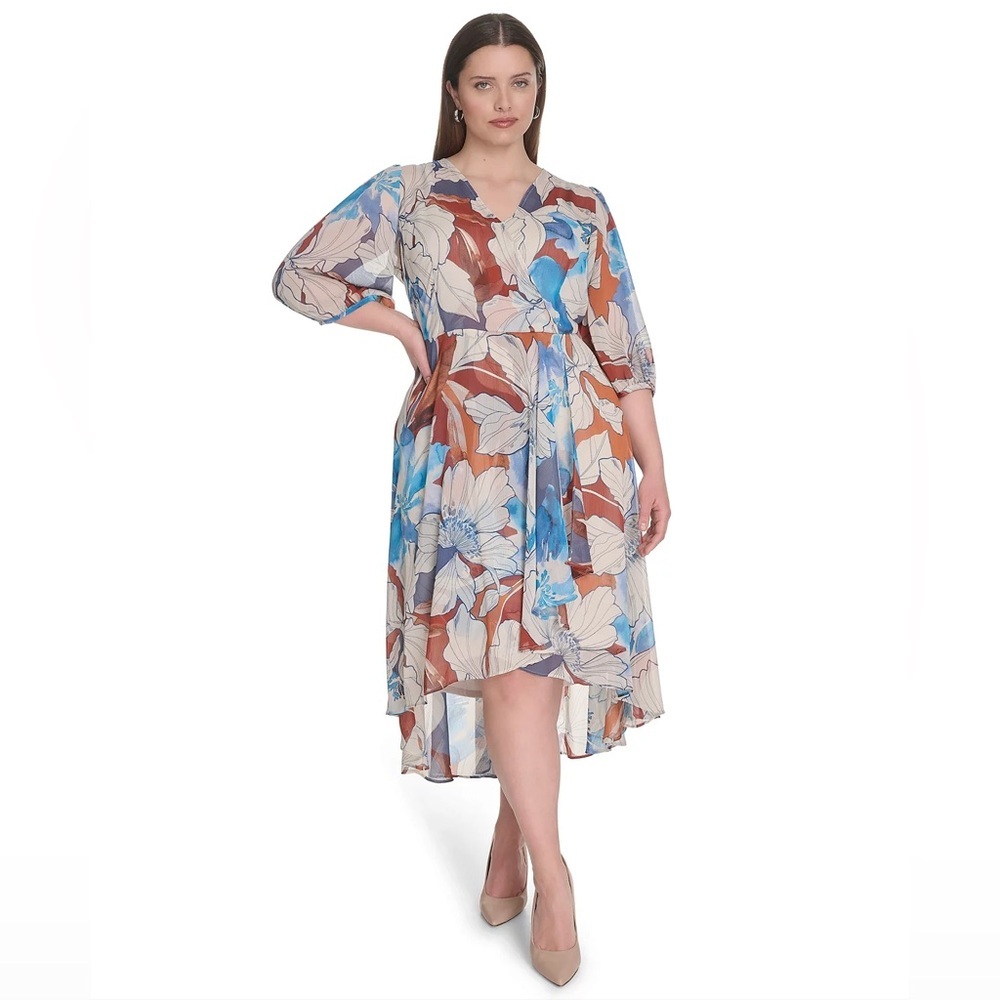 Calvin Klein Plus Size 3/4-Sleeve High Low Floral Print Chiffon Midi Dress